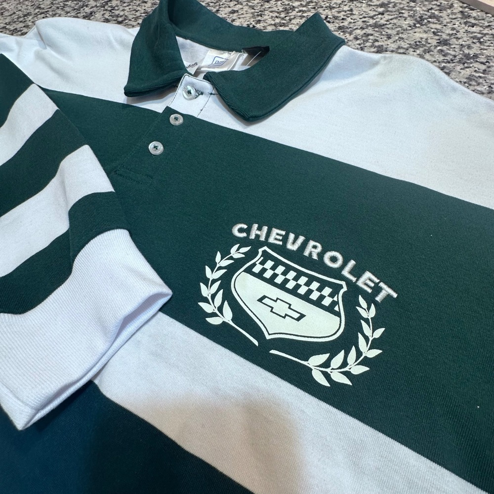 NWT Mens Chevrolet Long Sleeve‎ Rugby Polo Shirt Green Stripe GM Official Sz L